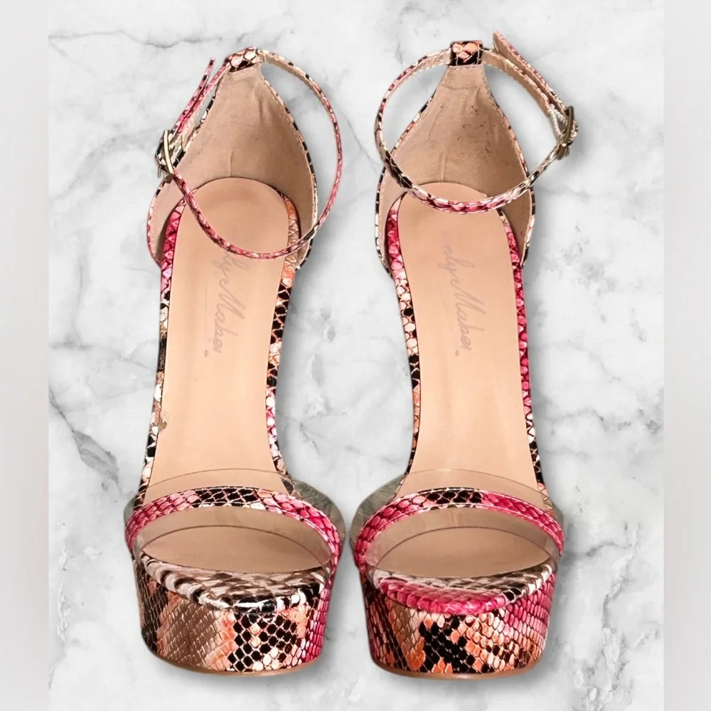 New OnlyMaker Snakeskin Platform Stiletto Heels Sandals Brown Pink Sexy Size 6 - Picture 7 of 13